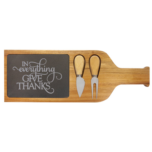 In Everything Give Thanks Acacia Wood Slate Serving Board with Two Tools - 17.5" x 6"