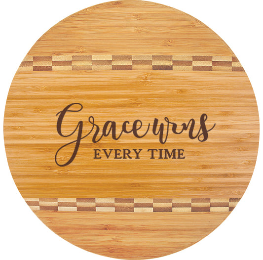 Round Bamboo Cutting Board with Butcher Block Inlay featuring Psalm 24:8