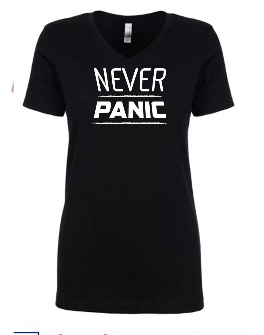 Never Panic Women's V Neck T-Shirt