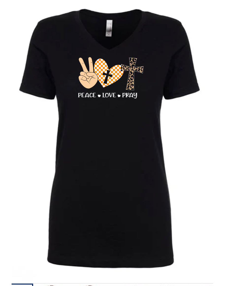 Peace, Love, Pray Women's V Neck T-Shirt