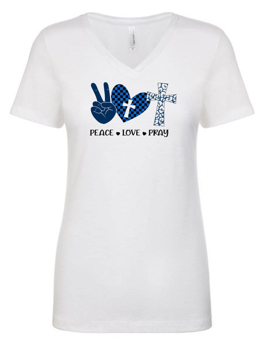 Peace, Love, Pray Women's V Neck T-Shirt