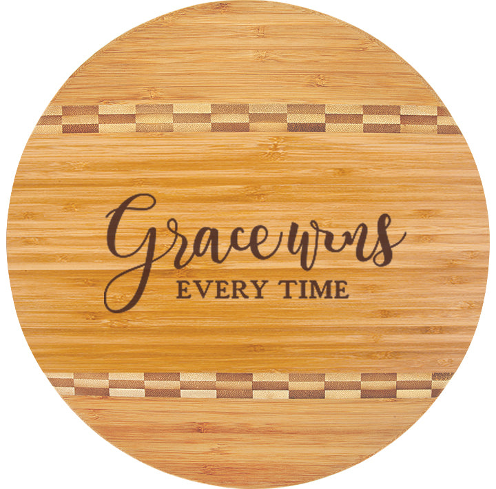 Round Bamboo Cutting Board with Butcher Block Inlay featuring Psalm 24:8