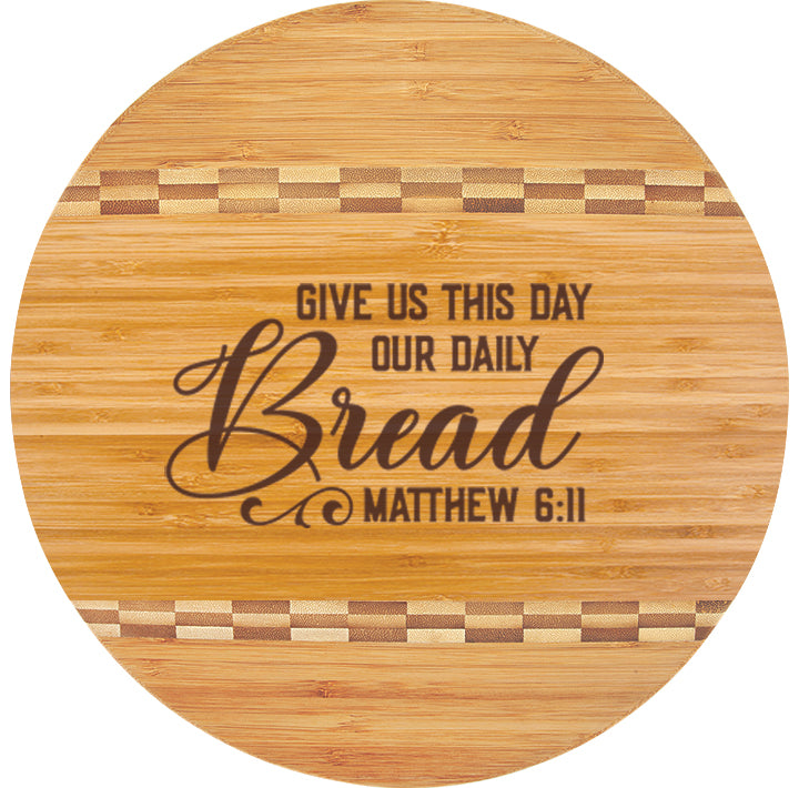 Round Bamboo Cutting Board with Butcher Block Inlay featuring Psalm 24:8