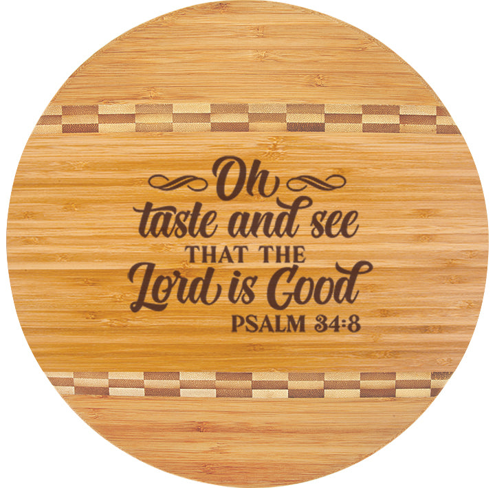 Round Bamboo Cutting Board with Butcher Block Inlay featuring Psalm 24:8